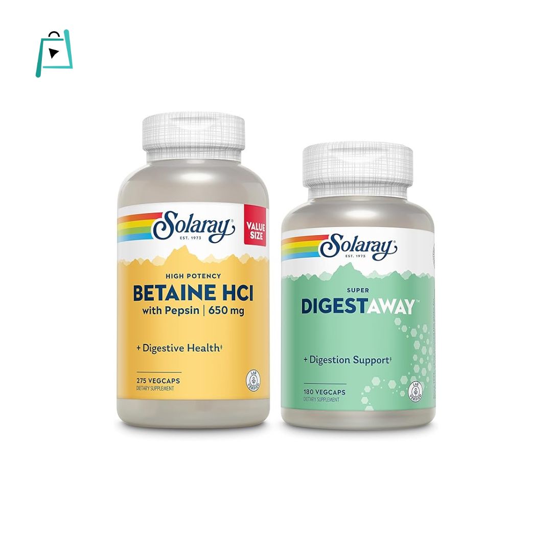 SOLARAY Bean Enzyme and Betaine HCl with Pepsin - Digestive Health Bundle - with Alpha Galactosidase, Hydrochloric Acid and Pepsin Digestive Enzymes -...